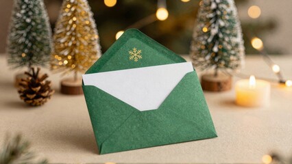Green envelope with snowflake holding letter near Christmas trees
