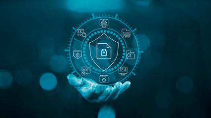 Data protection concept with digital shield and secure file icons, cybersecurity and information security technology