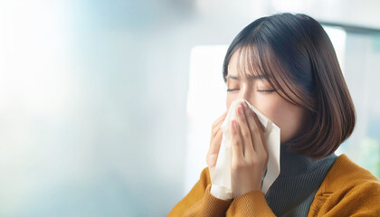 花粉症か風邪でティッシュペーパーで鼻をかむ若い女性の顔の写真。