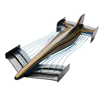 Carbon fiber racing car body with aerodynamic flow simulation lines on a white background Transparent Background