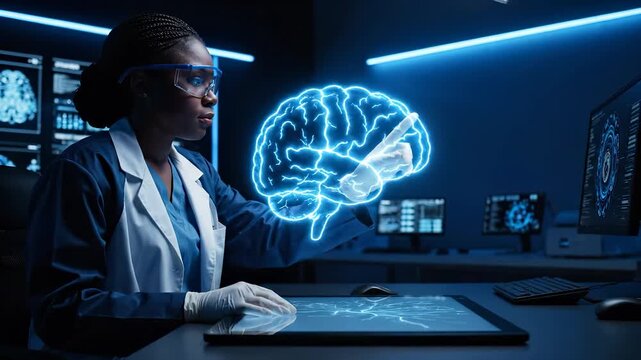 Researcher studies brain hologram on screen. Scientist neurologist works with medical technology. Artificial intelligence assists lab innovation. For research education medical and presentations.