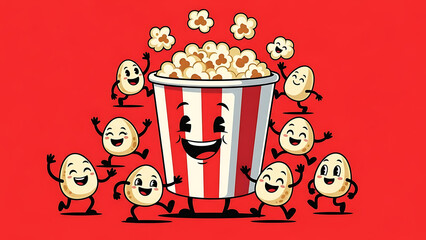 Cartoon popcorn bucket with happy kernels on red background