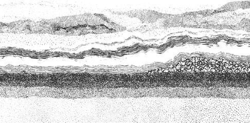Black and white abstract landscape with layered textures and stippling monochrome