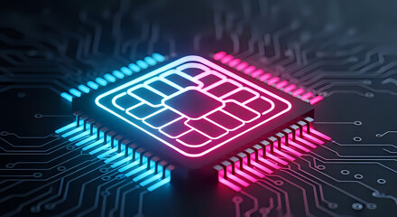 Futuristic CPU Microchip on Motherboard with Glowing Blue and Pink Neon Circuitry Lines