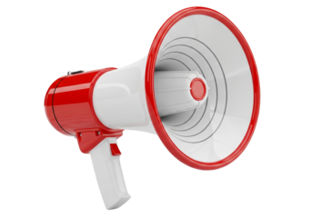 Professional red and white megaphone loudspeaker isolated on white background for marketing announcement communication protest and public speaking events