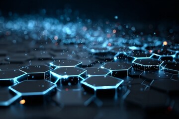 Futuristic Hexagonal Grid with Glowing Blue Lights and Digital Sparks in a Dark Setting
