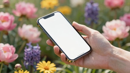 Hand holding smartphone with blank screen in flower garden