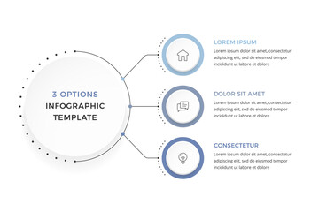 Fototapeta premium Three option infographic template with a central circle connected to circular elements with icons and text