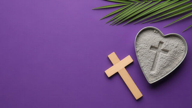 Wooden cross beside heart-shaped container filled with ash, surrounded by palm leaves, on vibrant purple background, symbolizing Ash Wednesday and the beginning of Lent