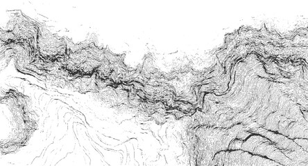 Black and white contour map of rugged terrain with dense lines topography landscape