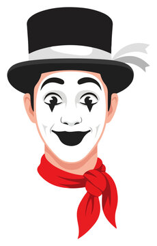 Smiling mime portrait with tophat and red neckerchief.