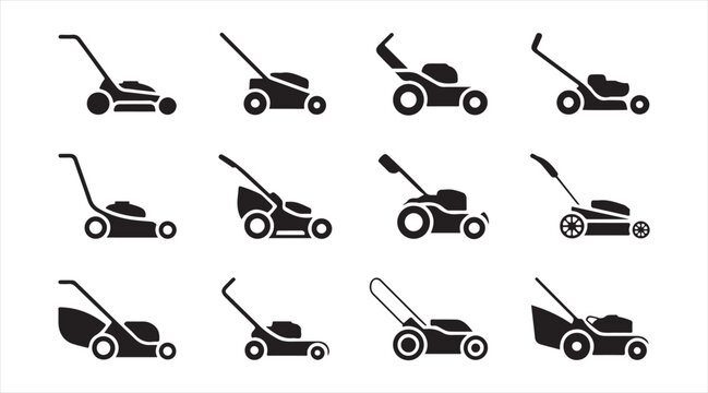 Lawn mower silhouette icon set of gardening tools and landscaping equipment, push and self-propelled grass cutter symbols on white background