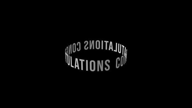 Congratulations yellow color Rotating X-Axis 3D text cylinder tube motion animation on black background