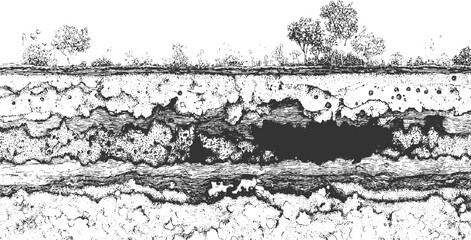 Cross section of soil layers with vegetation and dark void earth © Towhidul