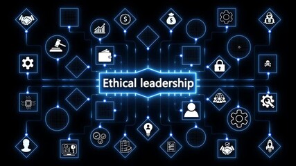 Ethical leadership concept global network digital illustration with business icons, social network icons ,Beautiful motion waving dots map texture with glowing defocused particles 4k animation video. - Powered by Adobe