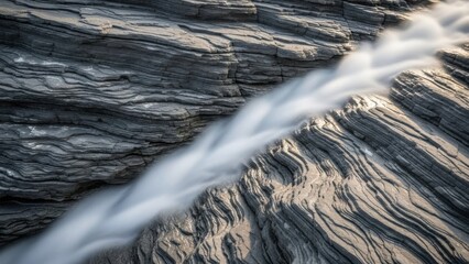 Striking geological rock formations with cascading water along layered strata