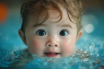 Adorable Baby Enjoys a Refreshing Swim in Crystal Blue Water, Eyes Wide with Curiosity and Joy