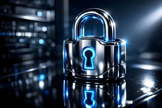 High-tech metallic padlock with glowing blue keyhole symbolizes digital security and data protection in a server room. - Powered by Adobe