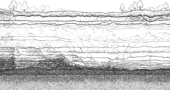 Cross section of layered earth strata with trees on surface ground soil layers