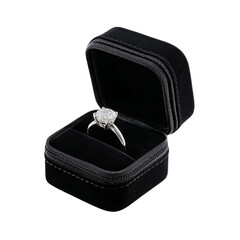 Diamond ring in black velvet jewelry box isolated on a transparent background
