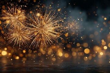 Brilliant Fireworks Burst Against a Night Sky with Illuminated Golden Sparks