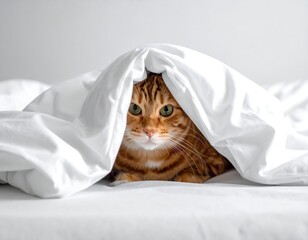 Ginger cat peeking from under white bedding, eyes focused forward