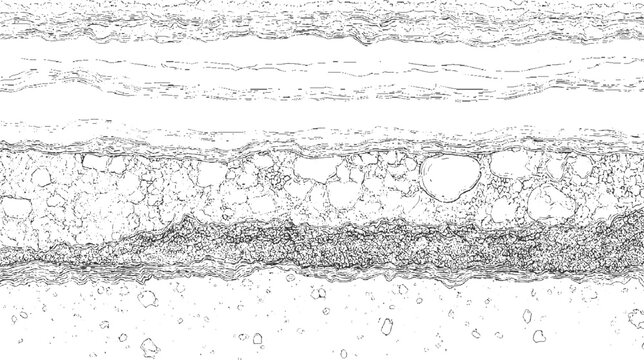 Black and white line of layered geological strata with pebbles and wavy lines abstract background texture