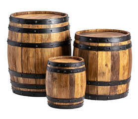 Three wooden barrels of varying sizes isolated on a transparent background