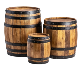 Three wooden barrels of varying sizes isolated on a transparent background