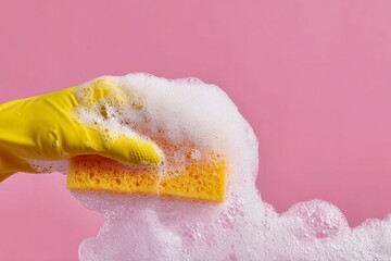 Yellow Gloved Hand Cleaning Foam Over Pink Backdrop with Sponge