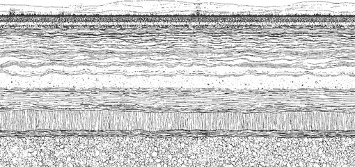 Cross section of soil layers with grass and pebbles in black and white line ground © Towhidul