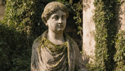 Fototapeta premium Ancient Stone Statue of a Woman in a Lush Garden Setting.