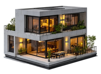 Modern Concrete House with Balconies isolated on a transparent background
