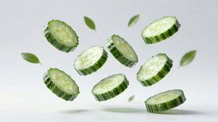 Floating cucumber slices with water droplets and leaves