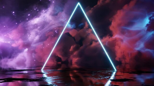 Vibrant neon triangle glowing in cosmic purple and blue cloudscape