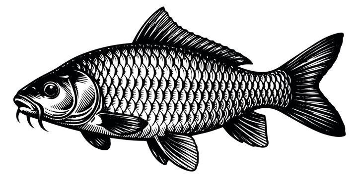 Hand drawn line art illustration of carp fish depicting a detailed aquatic animal for fishing or seafood concepts