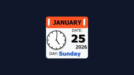 Date and day illustration. 25 January month Sunday visual. 2026 calendar and creating a stunning illustration.