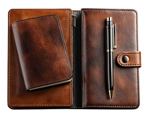 Leather Notebook and Pen isolated on a transparent background