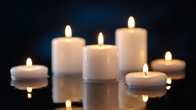 Several lit white candles of varying sizes, reflected on a dark surface, against a blurred blue background