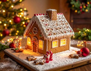 Gingerbread house lit up with lights, next to Christmas decor