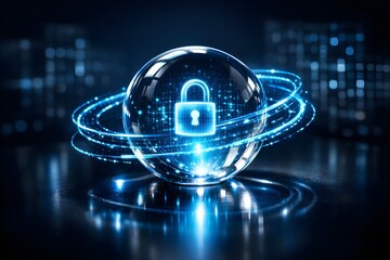 Abstract digital security concept featuring a glowing blue padlock encased in a crystal sphere against a dark cityscape backdrop.