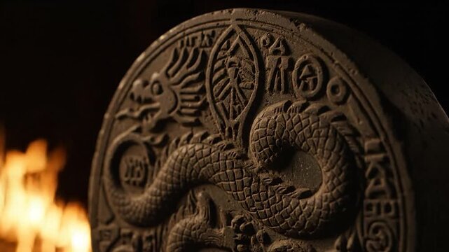 Ancient stone carving with dragon motif and fire