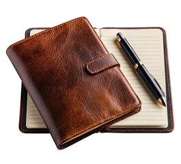 Brown Leather Journal and Black Pen isolated on a transparent background