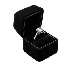 Diamond engagement ring in black velvet box isolated on a transparent background