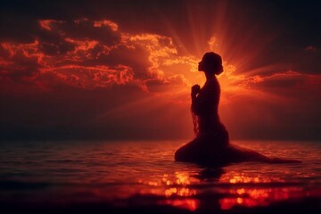 Serene Silhouette: A Moment of Reflection in the Fiery Glow of a Sunset Over Tranquil Waters