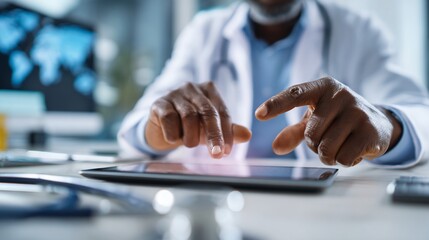 Doctor using tablet in office, examining data, with medical equipment and world map displayed in the background, for healthcare tech