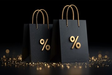 Elegant Black Shopping Bags with Gold Percent Signs Amidst Glittering Decorations