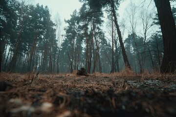 Forest floor view, tall evergreens and birch under gray, foggy sky