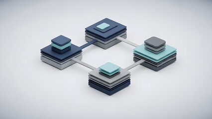 Abstract network connection of layered cubes symbolizing data transfer and digital communication