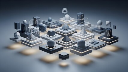 Abstract digital network of geometric shapes and city elements, representing data and connectivity